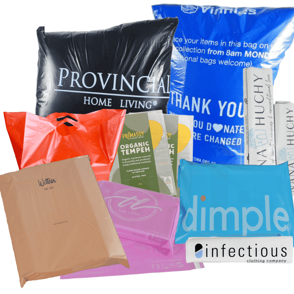 A selection of custom compostable packaging produced for Zero Pack customers